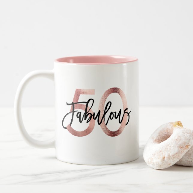 Fabulous 50th | Modern Elegant Rose Gold Birthday Two-Tone Coffee Mug (With Donut)