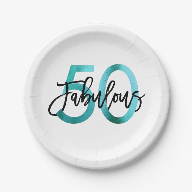 Fabulous 50th | Modern Elegant Teal Green Birthday Paper Plate (Front)