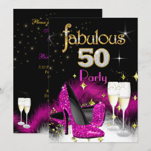 Fabulous 50th Party Glitter Hot Pink Champagne 2 Invitation