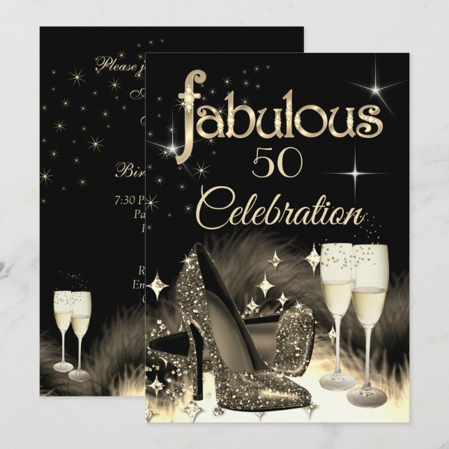 Fabulous 50th Party Glitter Sepia Beige Champagne Invitation (Front/Back)