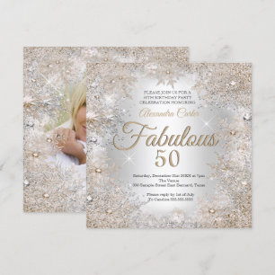 Fabulous 50th Party Photo Silver Beige Snowflakes Invitation