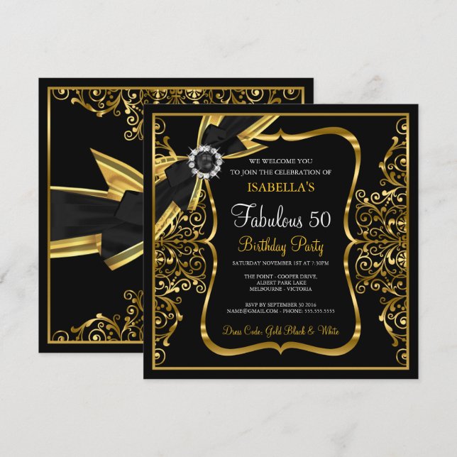 Fabulous 50th Pearl Gold Lace Bow Black Invite (Front/Back)