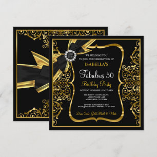 Fabulous 50th Pearl Gold Lace Bow Black Invite