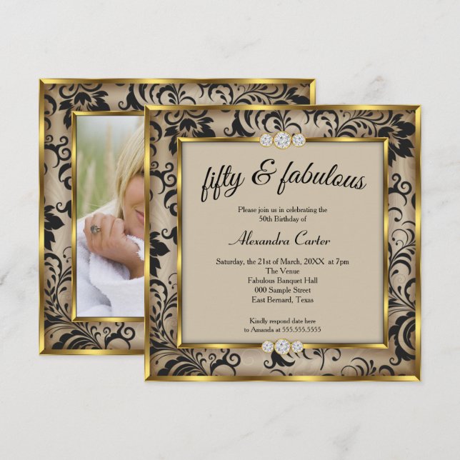 Fabulous 50th Photo Beige Black Damask Gold Party Invitation (Front/Back)
