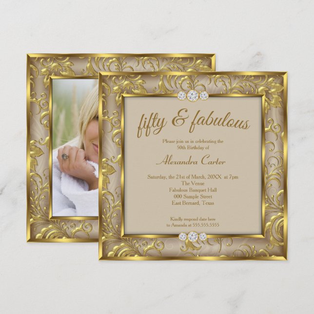 Fabulous 50th Photo Beige Brown Damask Gold Party Invitation (Front/Back)