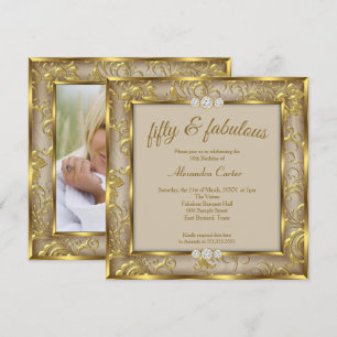 Fabulous 50th Photo Beige Brown Damask Gold Party Invitation