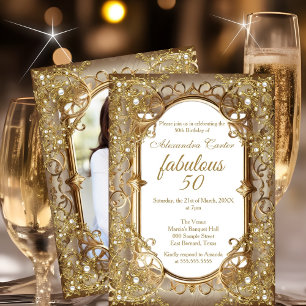 Fabulous 50th Photo beige Golden Pearl birthday Invitation