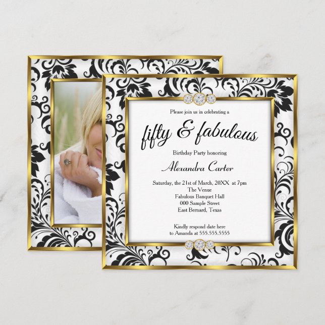 Fabulous 50th Photo Black white Gold Damask Party Invitation (Front/Back)