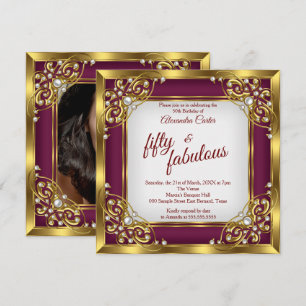 Fabulous 50th Photo burgundy red Gold Party Invitation