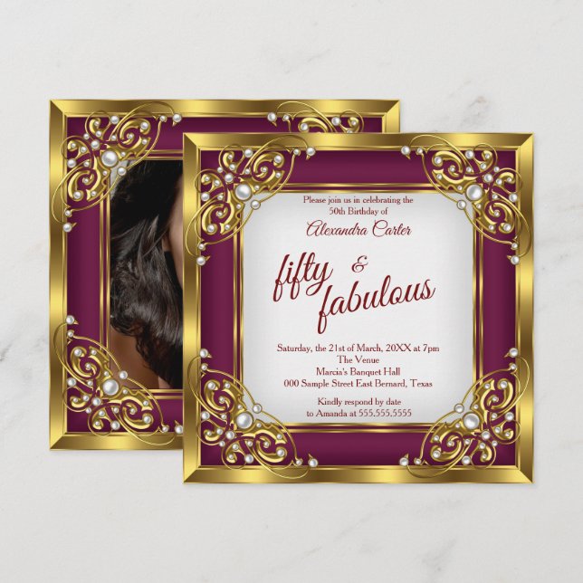 Fabulous 50th Photo burgundy red Gold Party Invitation (Front/Back)