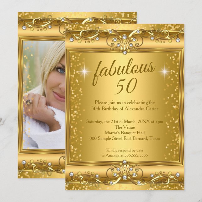 Fabulous 50th Photo sparkle Gold birthday Party Invitation (Front/Back)