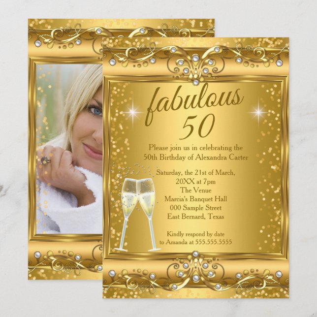 Fabulous 50th Photo sparkle Gold champagne Party Invitation (Front/Back)