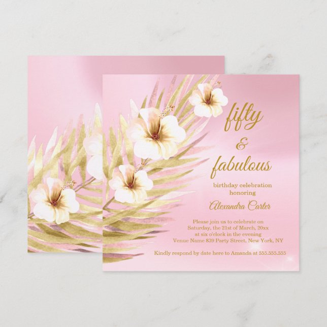 Fabulous 50th Pink Gold White Floral Birthday Invitation (Front/Back)
