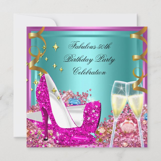 Fabulous 50th Pink Teal Glitter High Heel Birthday Invitation (Front)
