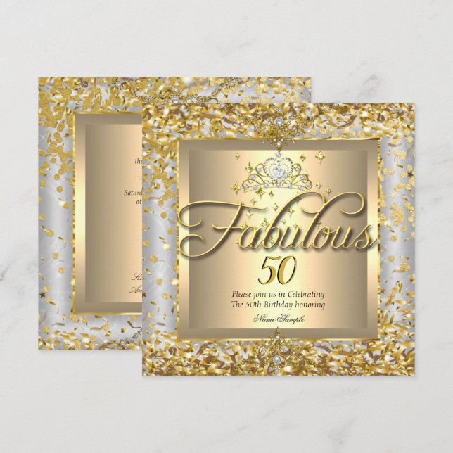 Fabulous 50th Princess Gold Silver Grey Party Invitation (Front/Back)