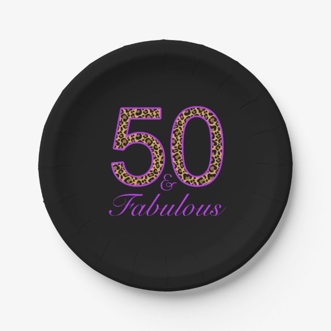 Fabulous 50th Purple Black Leopard Birthday Paper Plate (Front)