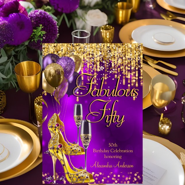 Fabulous 50th Purple heels Glitter Gold Champagne Invitation (Creator Uploaded)