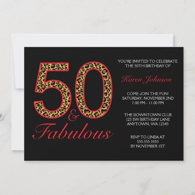 Fabulous 50th Red Black Leopard Birthday Party Invitation (Front)