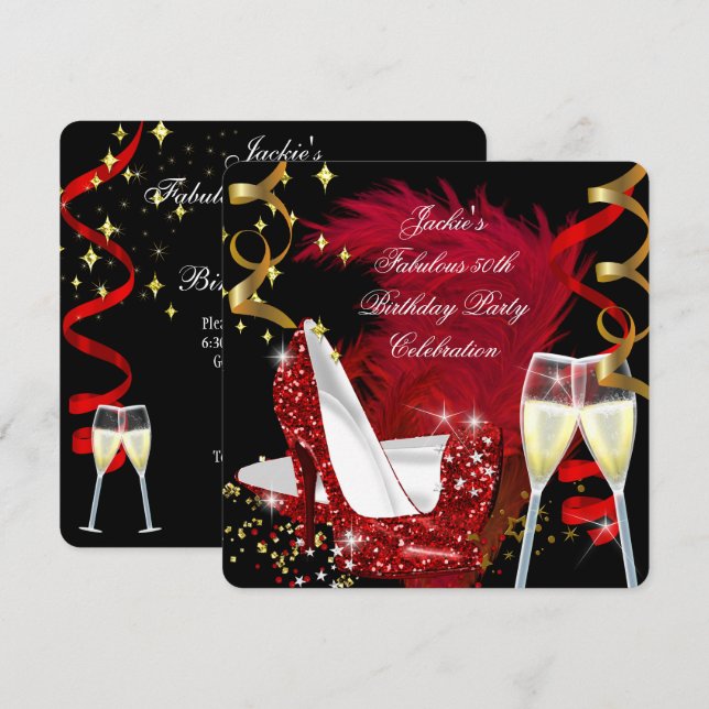 Fabulous 50th Red Glitter High Heel Birthday Party Invitation (Front/Back)