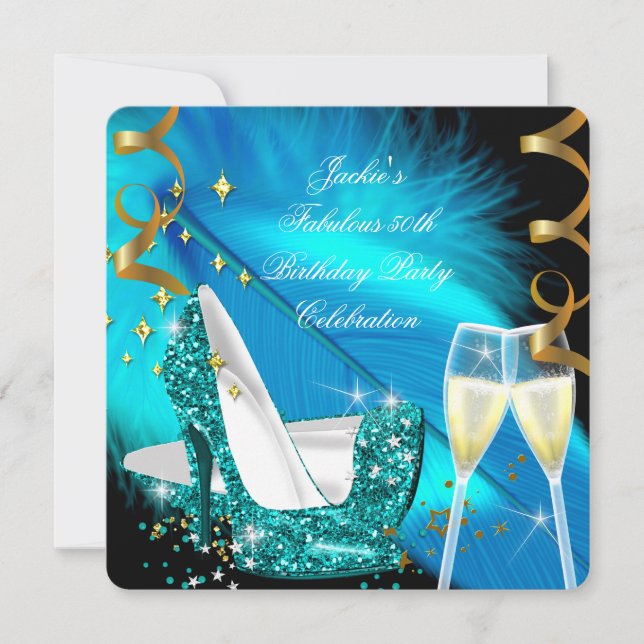 Fabulous 50th Teal Blue Glitter High Heel Birthday Invitation (Front)