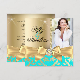 Fabulous 50th Teal Gold Leaf & Bow 50th Birthday Invitation