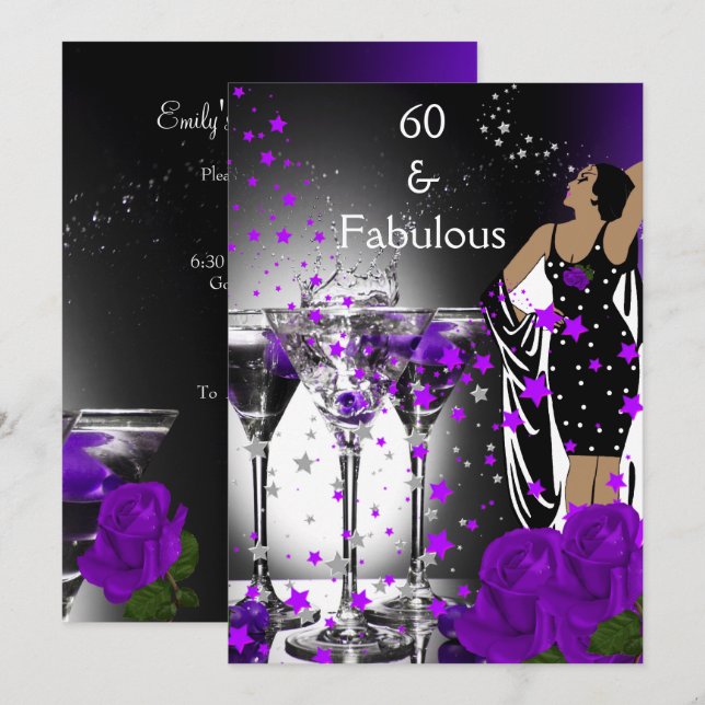Fabulous 60 60th Birthday Purple Roses Martini Invitation (Front/Back)