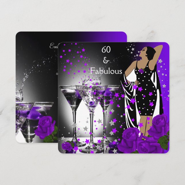 Fabulous 60 60th Birthday Purple Roses Martini Invitation (Front/Back)