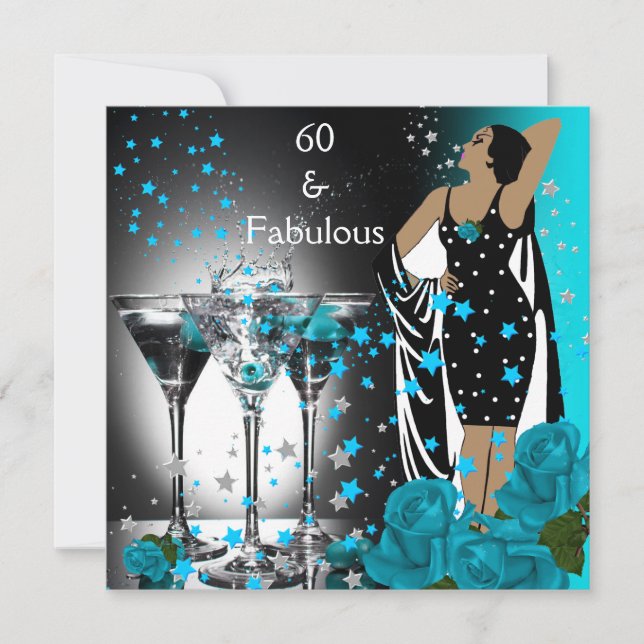 Fabulous 60 60th Birthday Teal Roses Martini Invitation (Front)