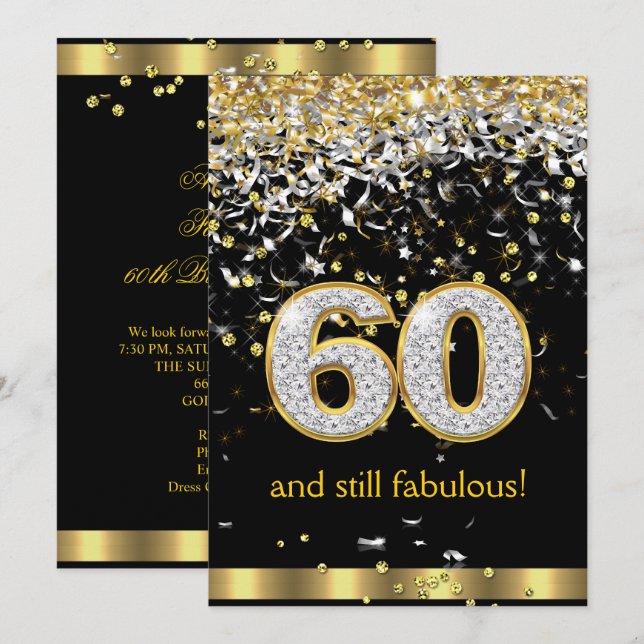 Fabulous 60 Gold Silver Streamers 60th Birthday B Invitation (Front/Back)