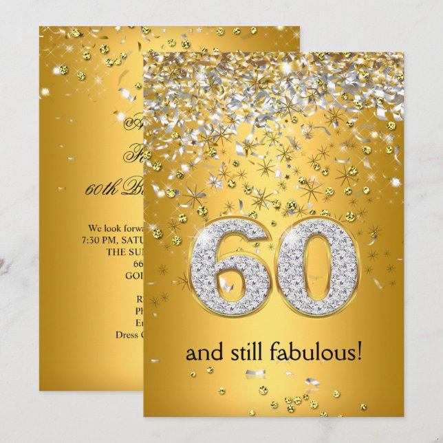 Fabulous 60 Gold Silver Streamers 60th Birthday Invitation (Front/Back)