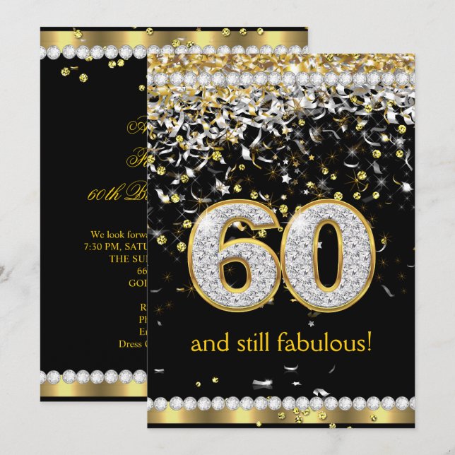 Fabulous 60 Gold Silver Streamers 60th Party Invitation (Front/Back)