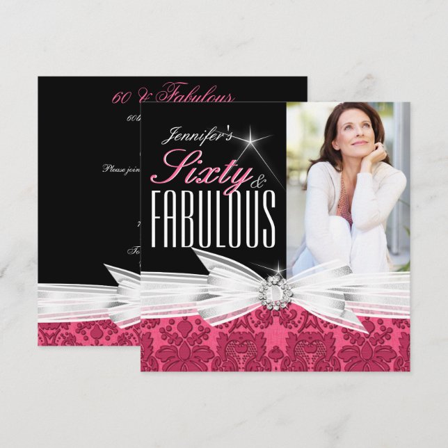Fabulous 60 Photo Damask Pink 60th Birthday Party Invitation (Front/Back)