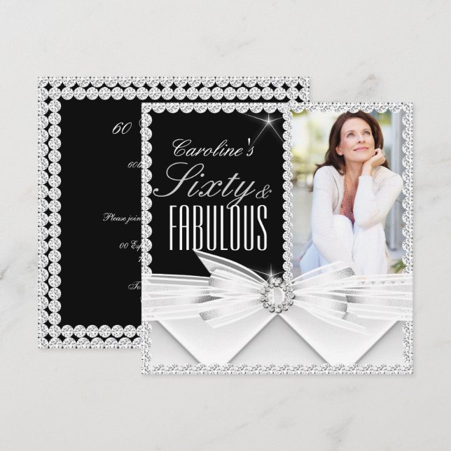 Fabulous 60 Photo Elegant Black White Birthday 2 Invitation (Front/Back)