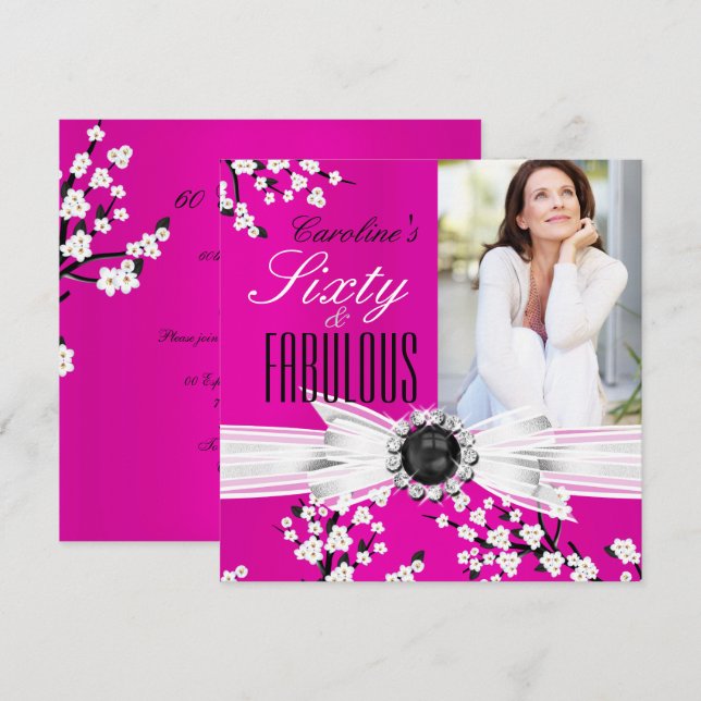 Fabulous 60 Photo Elegant Pink Blossom Birthday Invitation (Front/Back)