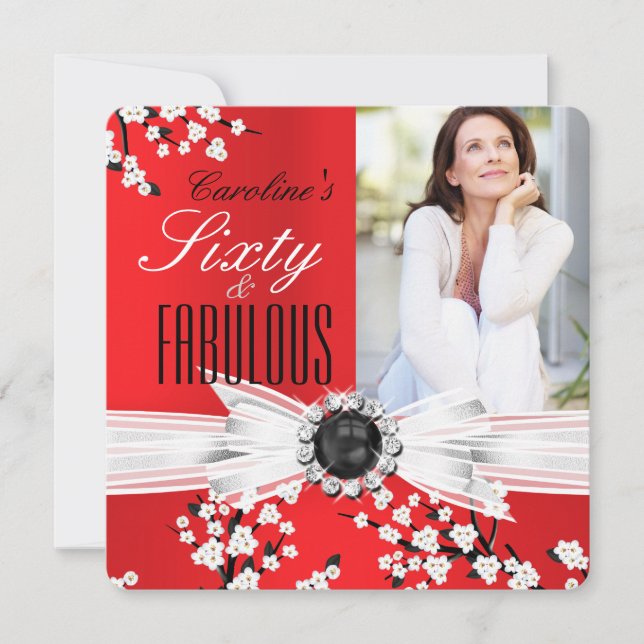 Fabulous 60 Photo Elegant Red Blossom Birthday Invitation (Front)