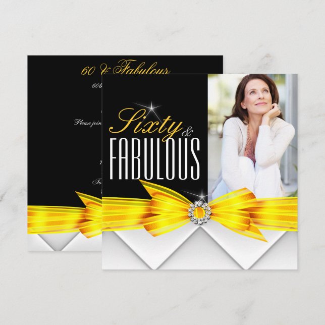 Fabulous 60 Photo Yellow Elegant Modern Birthday 2 Invitation (Front/Back)