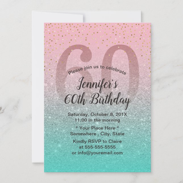 Fabulous 60 Pink Turquoise Glitter Ombre Birthday Invitation (Front)