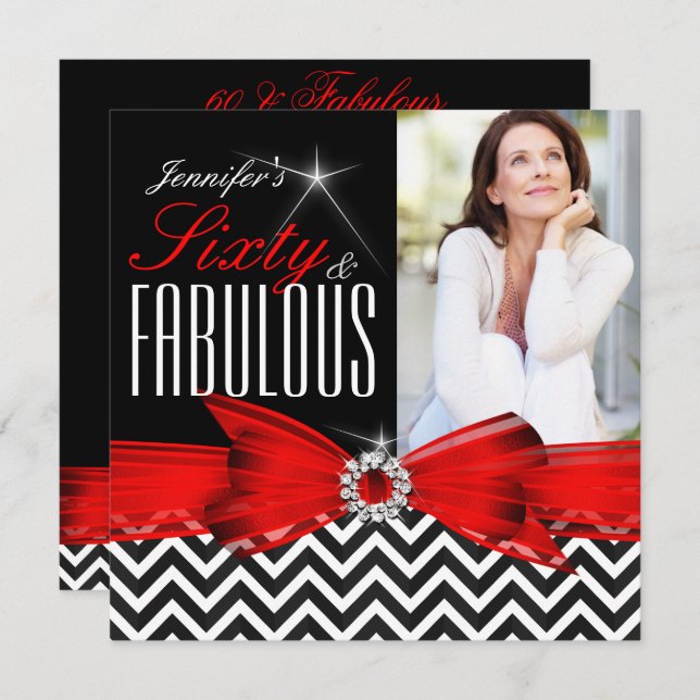 Fabulous 60 Red Chevron Black White Birthday 2 Invitation (Front/Back)