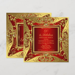 Fabulous 60 Red Gold Floral Birthday Party Invitation