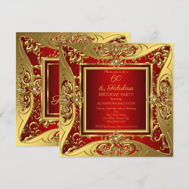 Fabulous 60 Red Gold Floral Birthday Party Invitation (Front/Back)