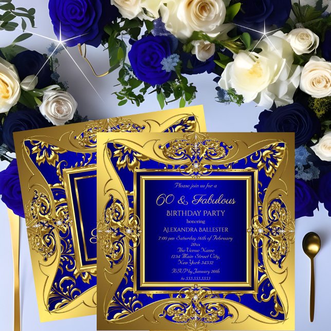 Fabulous 60 Royal Blue Gold Floral Birthday Party Invitation (Creator Uploaded)