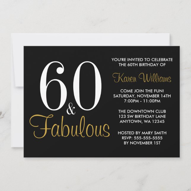 Fabulous 60th Black and Gold Birthday Party Invitation (Front)