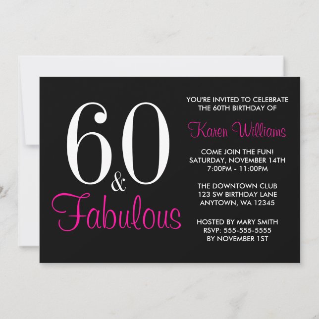 Fabulous 60th Black Pink Birthday Party Invitation (Front)