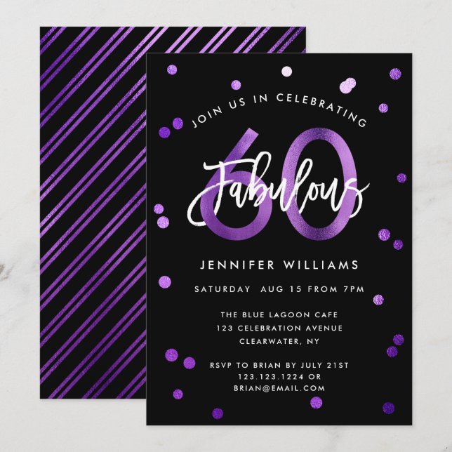Fabulous 60th | Modern Elegant Purple Birthday Invitation (Front/Back)