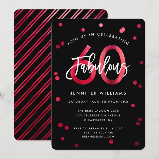 Fabulous 60th | Modern Elegant Red Chic Birthday Invitation (Front/Back)
