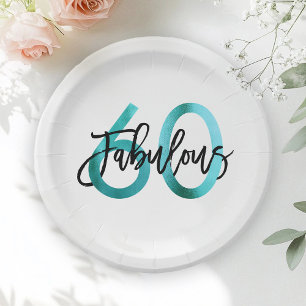 Fabulous 60th   Modern Elegant Teal Green Birthday Paper Plate