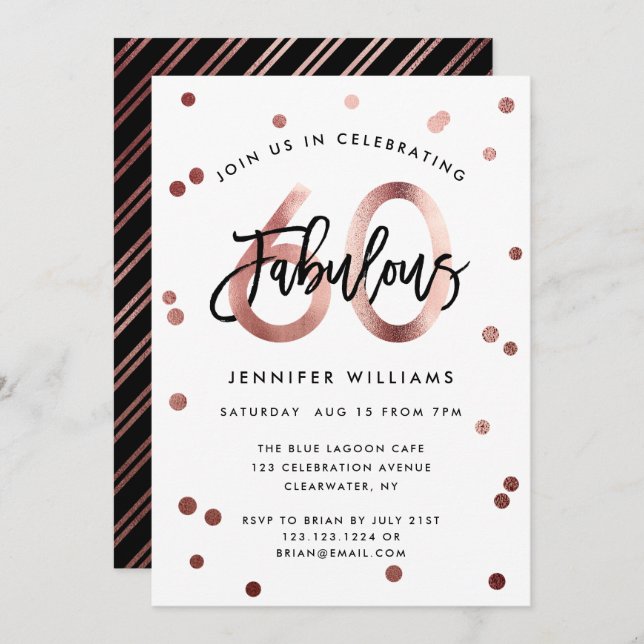 Fabulous 60th | Modern Rose Gold Brushed Birthday Invitation (Front/Back)