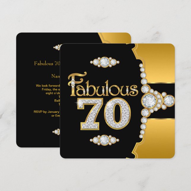 Fabulous 70 70th Birthday Gold Black Diamond Invitation (Front/Back)