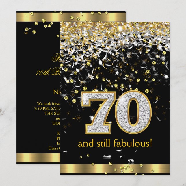 Fabulous 70 Gold Silver Streamers 70th Birthday B Invitation (Front/Back)