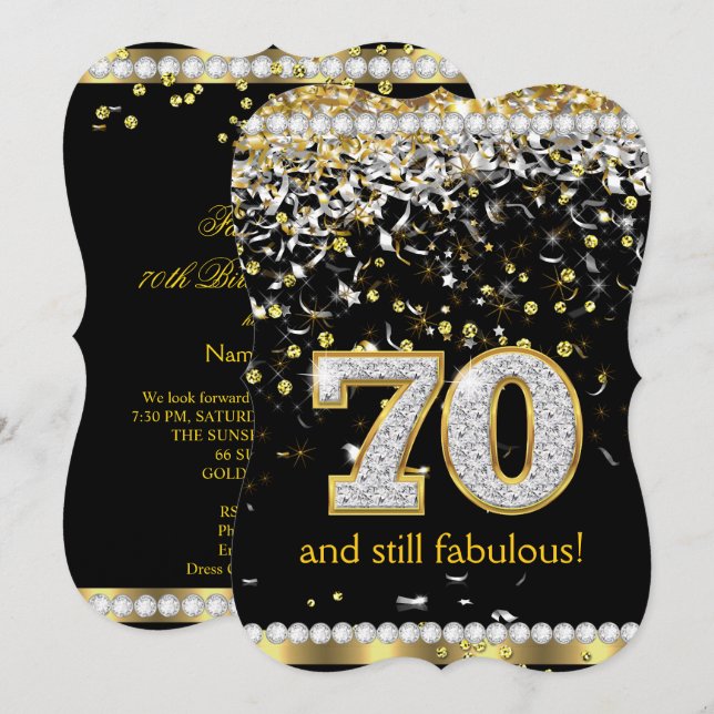 Fabulous 70 Gold Silver Streamers 70th Party Invitation (Front/Back)